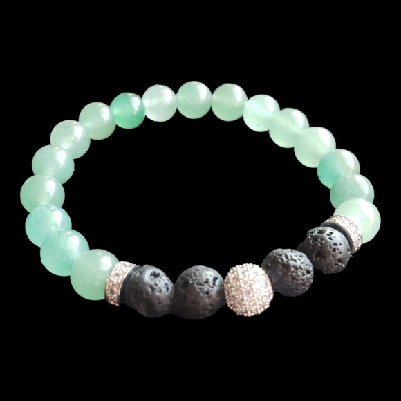 Green Aventurine  Gemstone & Lava Stone Handcrafted Braceket with Silver Accents - Picture 2 of 5